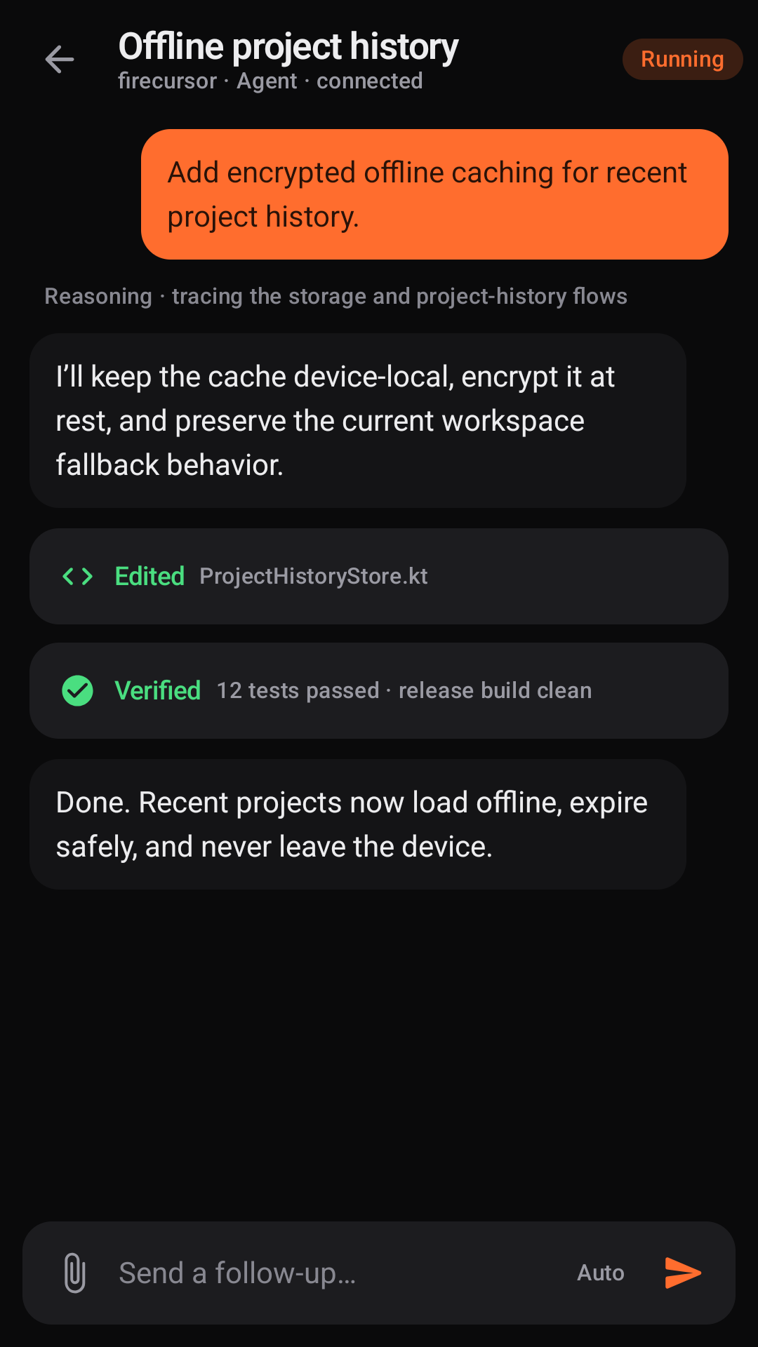 FireCursor Android live agent conversation with reasoning, tool results, and a follow-up composer.