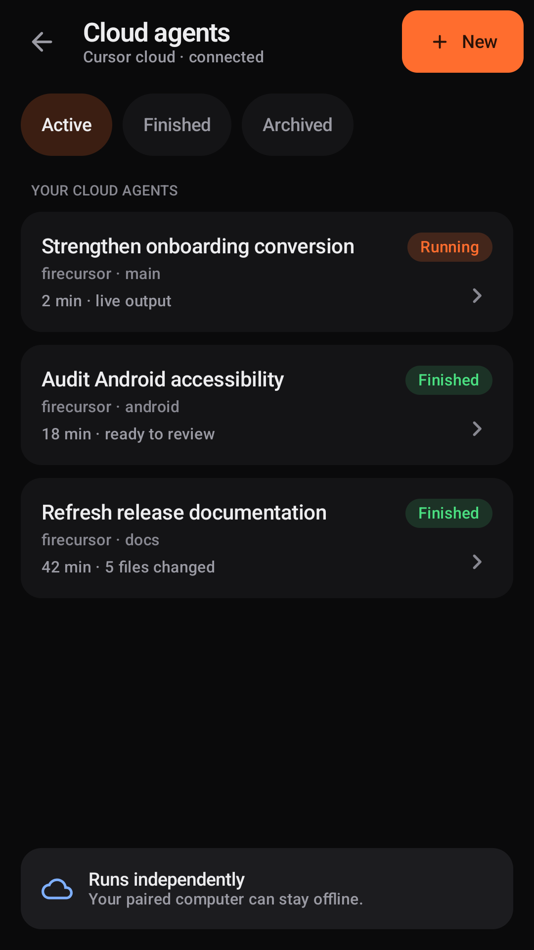 FireCursor Android Cloud agents screen with active and finished repository tasks.
