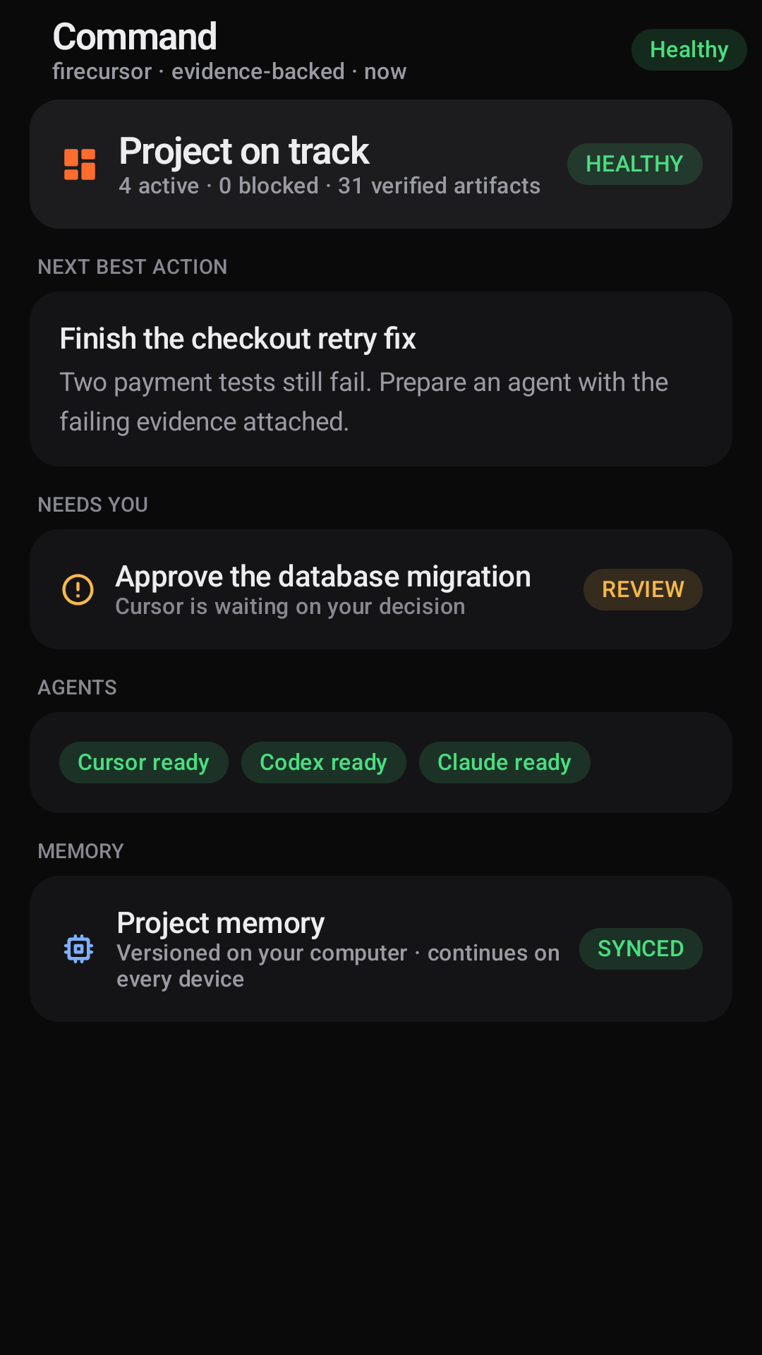 FireCursor Android Command Center with project health, interventions, provider readiness, and local memory.
