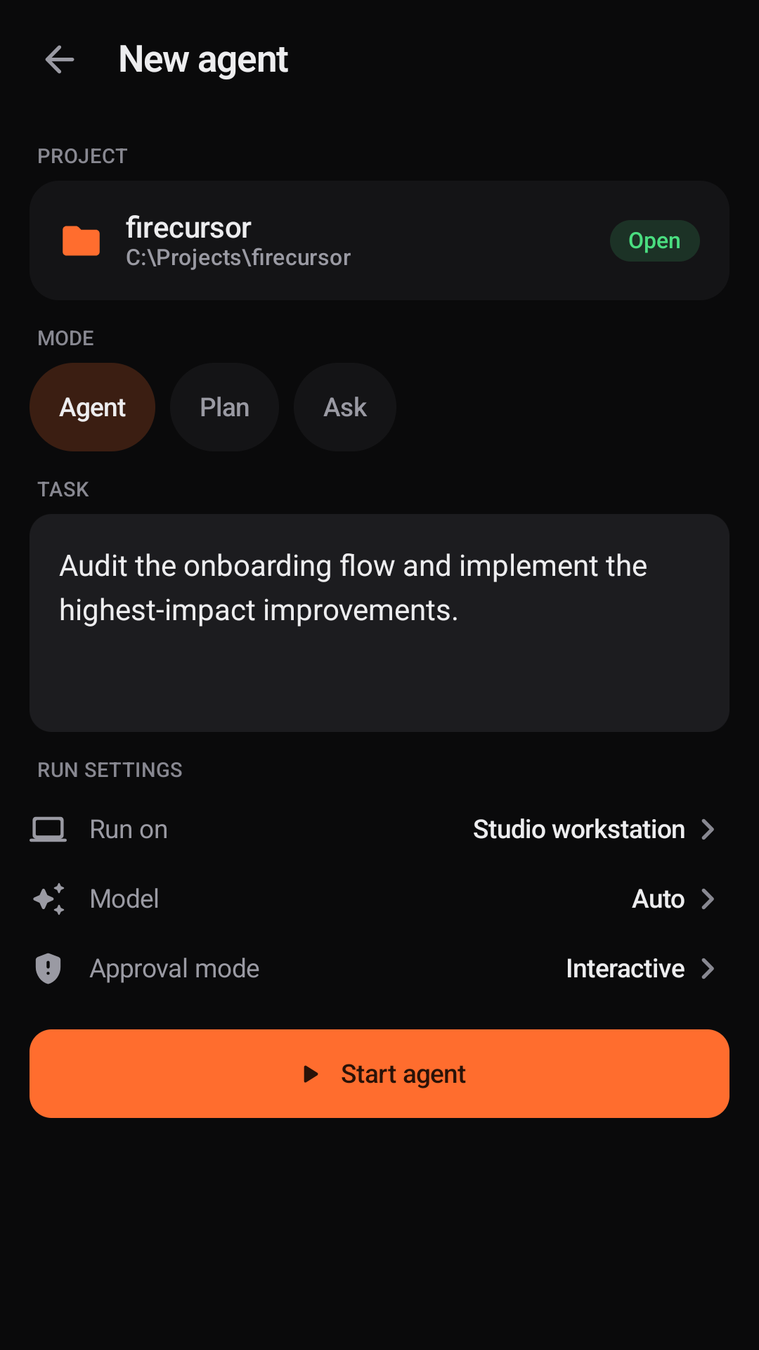 FireCursor Android New agent screen with project, mode, model, safeguards, and task prompt.