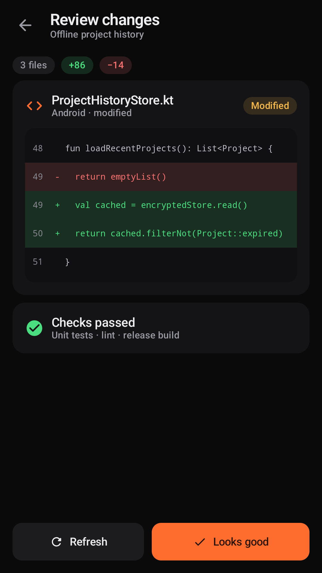 FireCursor Android change review with a Kotlin diff, passed checks, and review actions.