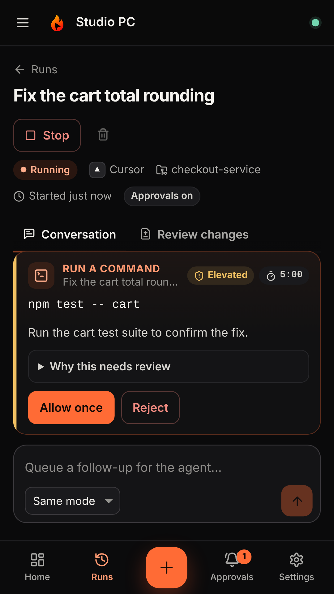 FireCursor web Command Center in a phone browser with a command waiting for approval